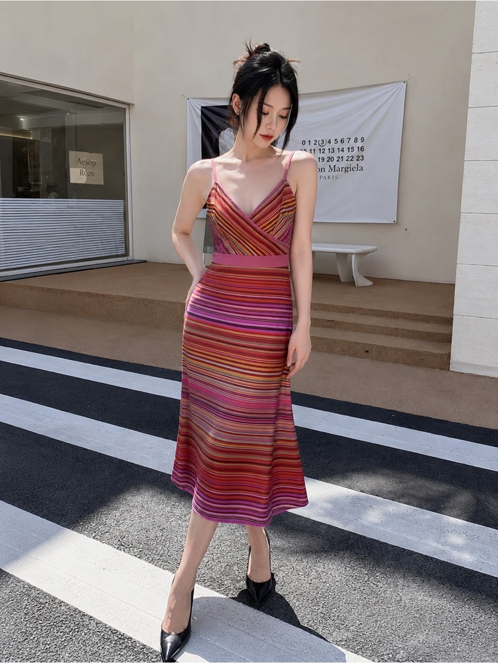 Banana Republic Y2K Silk Striped Slip Dress Pink Multicolor Midi Size 4